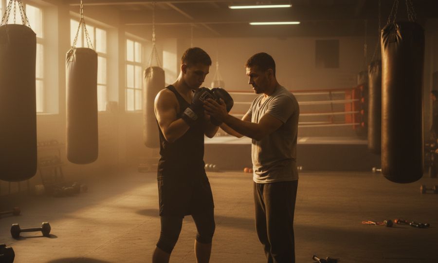 Entrenador de boxeo corrigiendo la técnica de un alumno